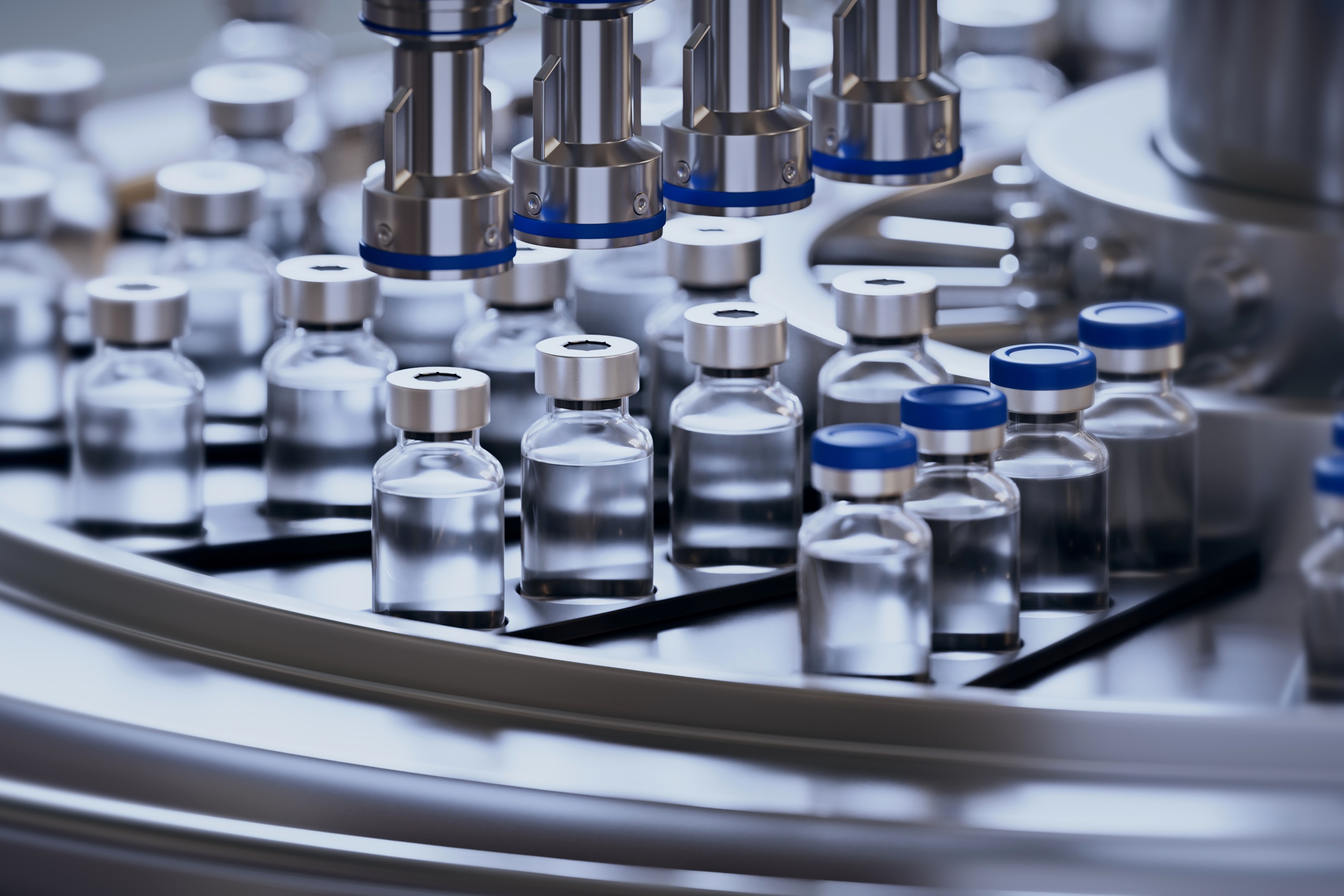3d render, conveyor with the glass jars, modern pharmaceutical factory. Closeup of ampules are being filled with vaccine and closed with blue caps. Medical wallpaper