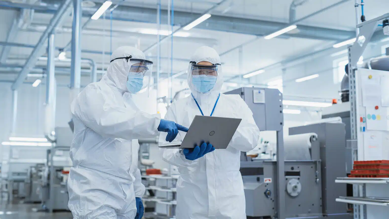  Sterile Modern Factory: Professionals in Coveralls, Masks Walk Through Workshop and Talk. Medical Electronics Manufacturing Laboratory with High Tech CNC Machinery, Robot Arm Production Line Equipment