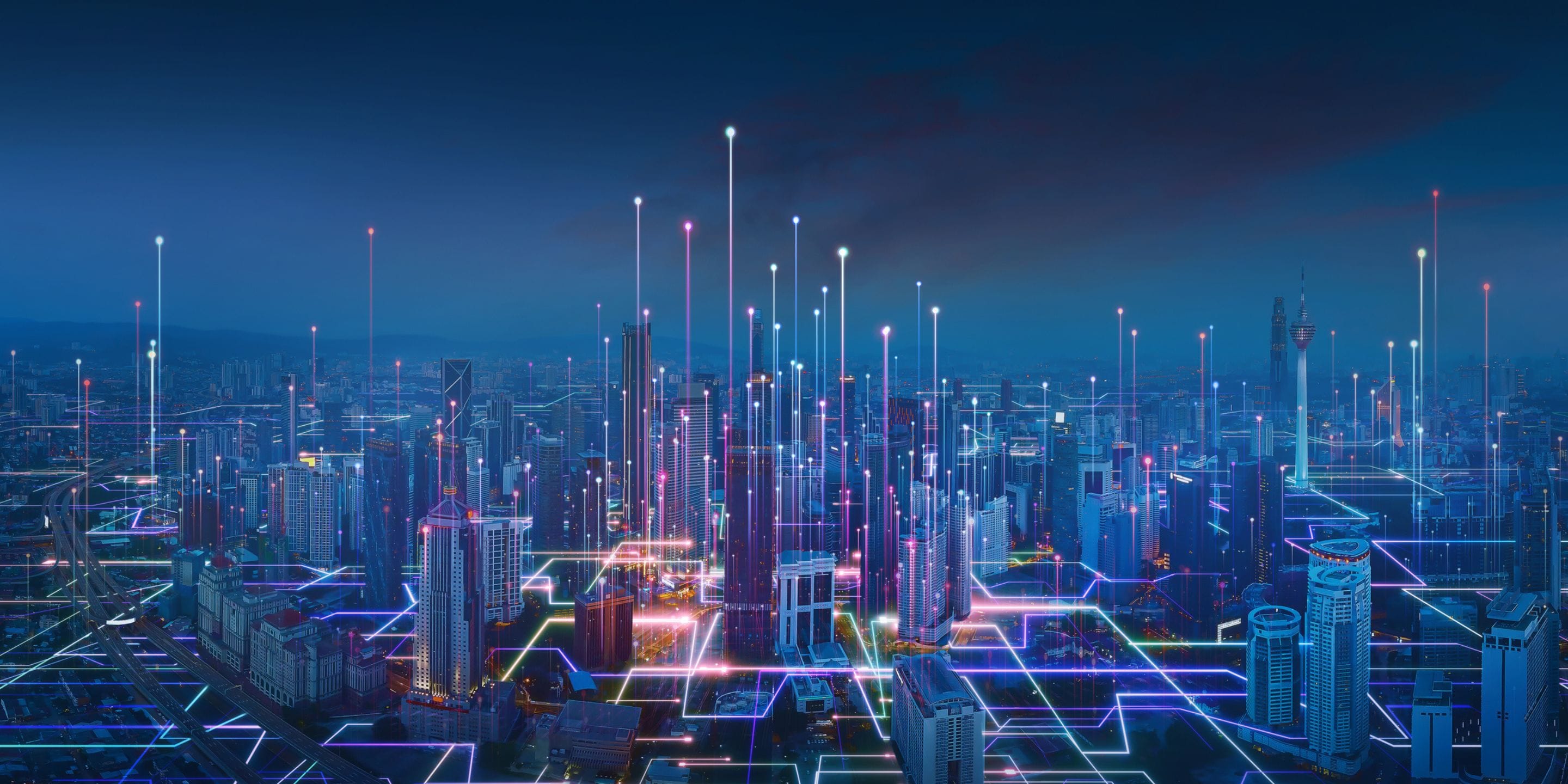 A vibrant city skyline at dusk, featuring glowing lines representing a digital smart network interconnecting tall buildings.